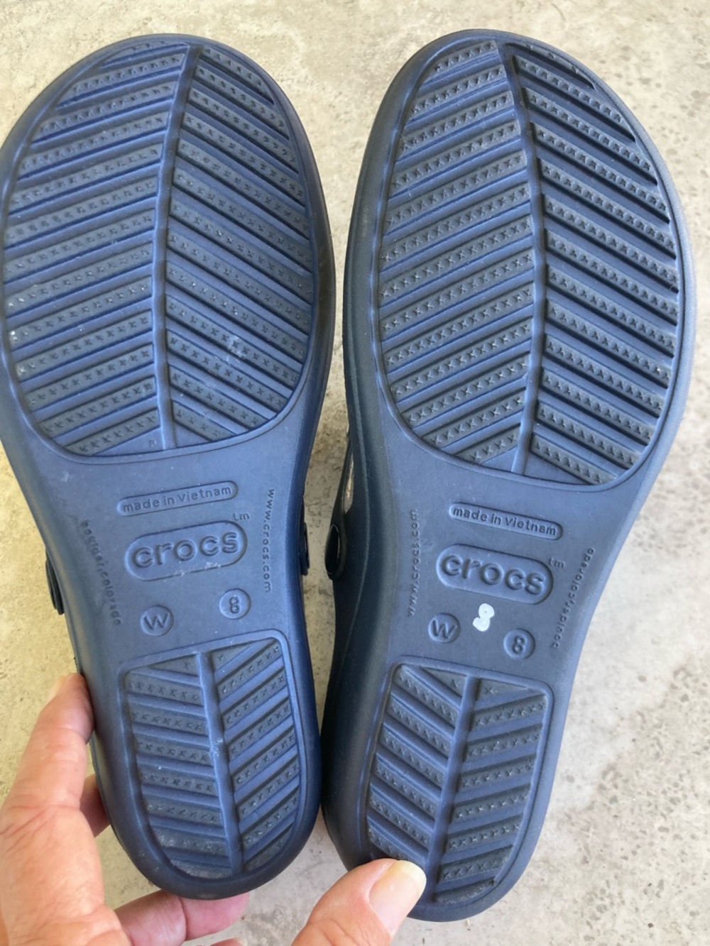CROCS Navy and Gray Wedge Thong Sandals with Hammered Silver Discs - Picture 6 of 8